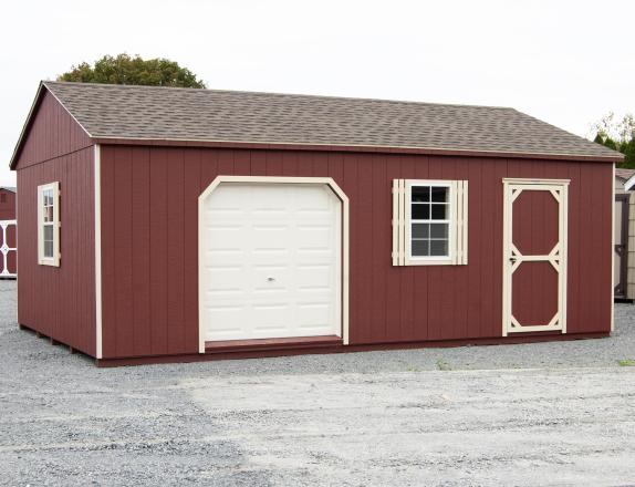 14x24 Custom Peak Shed with Overhead Door, Single Door, and Red LP Smart Side Siding